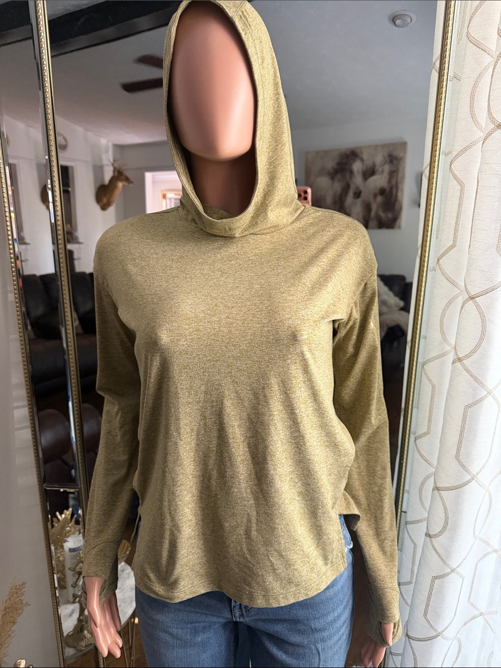 Athleta Olive-Gold Lightweight Hooded Long-Sleeve Top